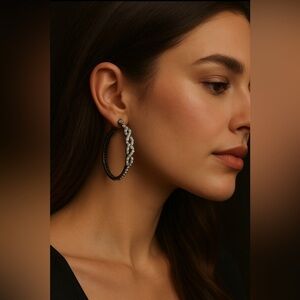 Entwined Huggie Hoops Design Earrings, Pewter Plate Finish, CZ Stones 🖤🤍